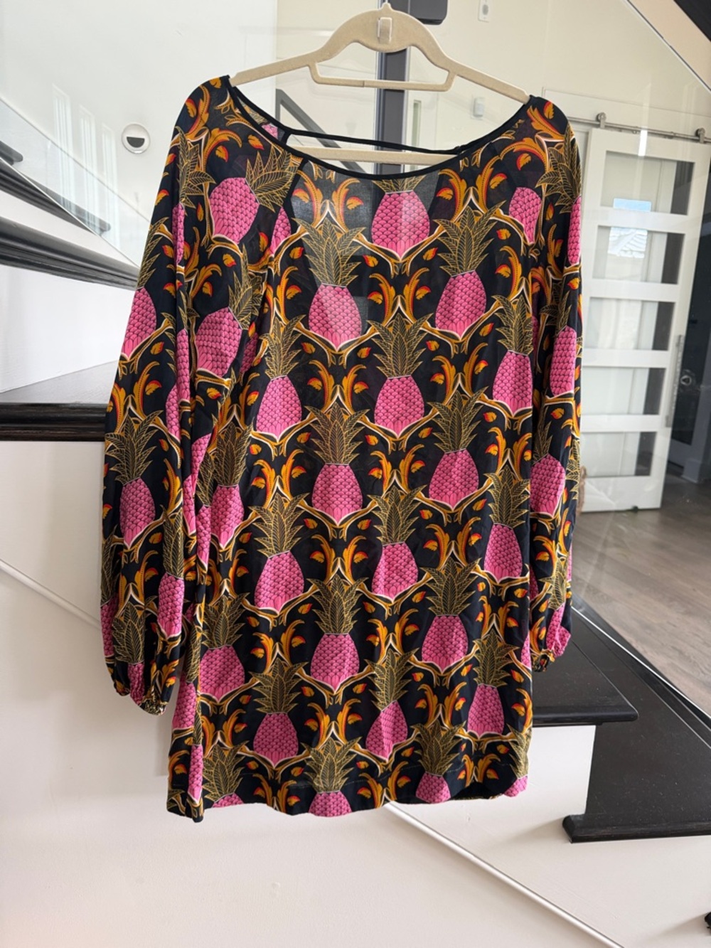 Farm Rio dress, pineapple print, long sleeve mini dress anthropology